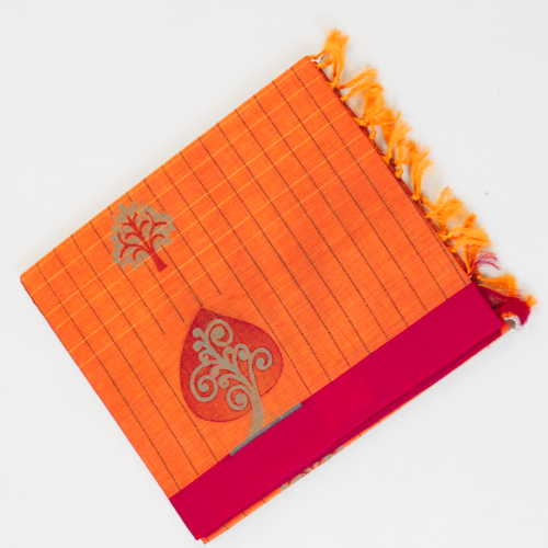 PURE COTTON SAREES - Bright Orange with Rani Pink
