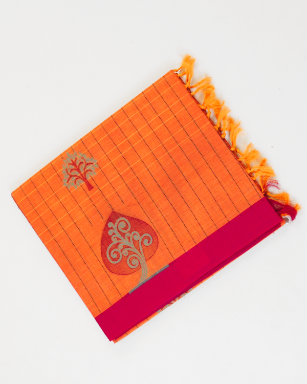 PURE COTTON SAREES - Bright Orange with Rani Pink
