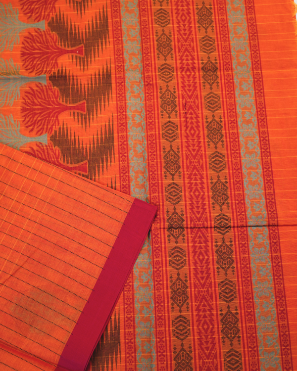 PURE COTTON SAREES - Bright Orange with Rani Pink