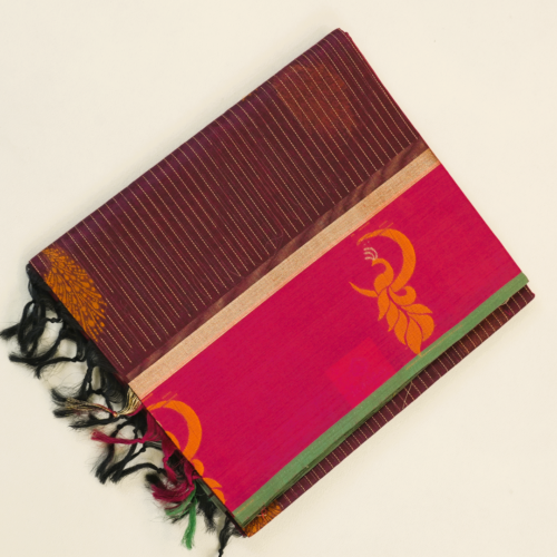 PURE COTTON SAREE - Magenta Pink with Wine Purple, Antique Gold & Green