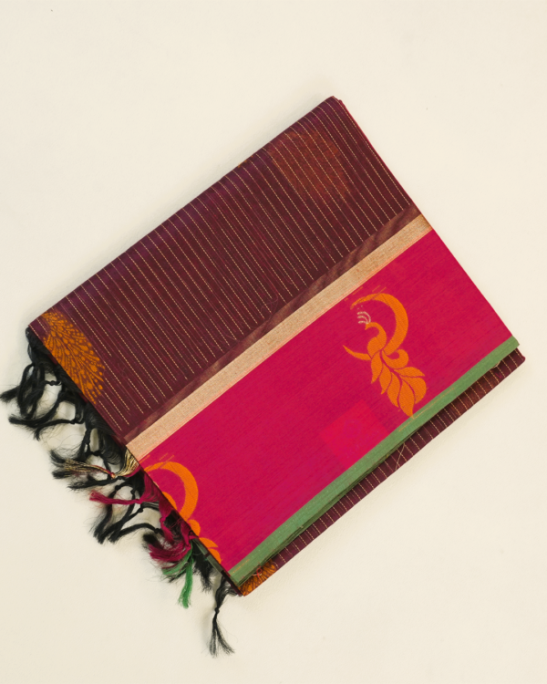 PURE COTTON SAREE - Magenta Pink with Wine Purple, Antique Gold & Green