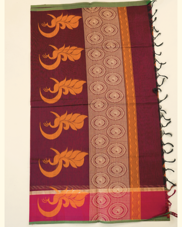 PURE COTTON SAREE - Magenta Pink with Wine Purple, Antique Gold & Green