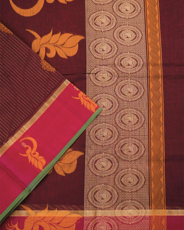 PURE COTTON SAREE - Magenta Pink with Wine Purple, Antique Gold & Green