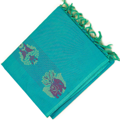 PURE COTTON SAREES - Peacock Blue with Multicolour Floral