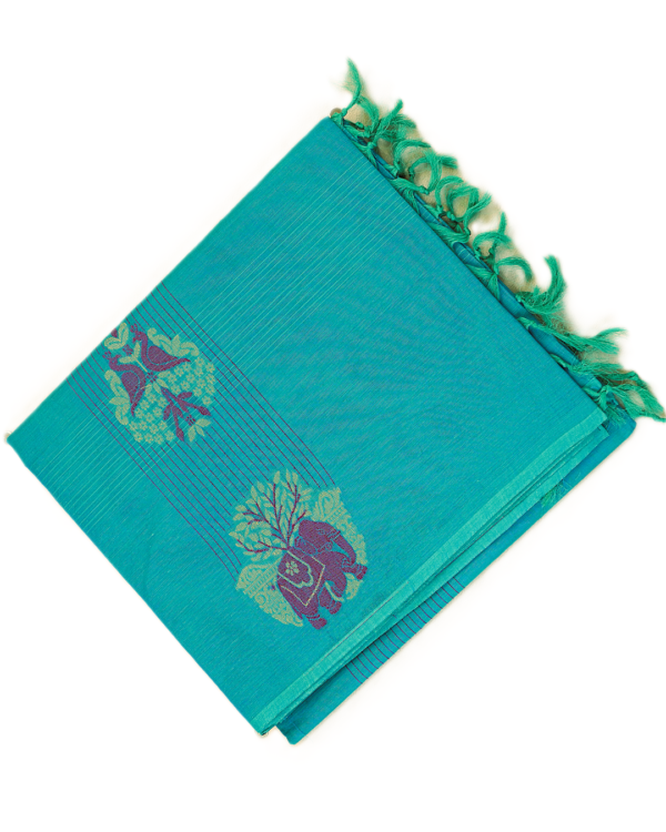 PURE COTTON SAREES - Peacock Blue with Multicolour Floral