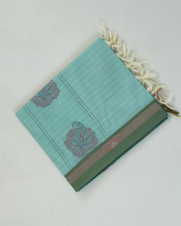 PURE COTTON SAREE - Sea Green with Dusty Mauve & Olive Green
