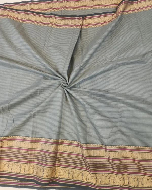 CHETTINAD COTTON SAREES  - Charcoal Grey with Black, Antique Gold & Magenta Pink