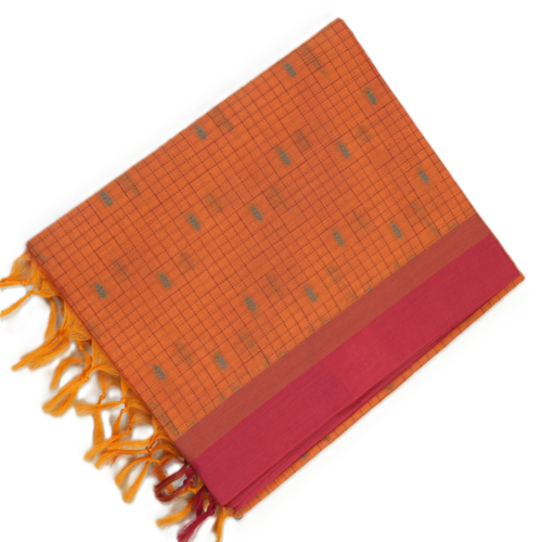 PURE COTTON SAREE - Burnt Orange with Rani Pink & Teal Green