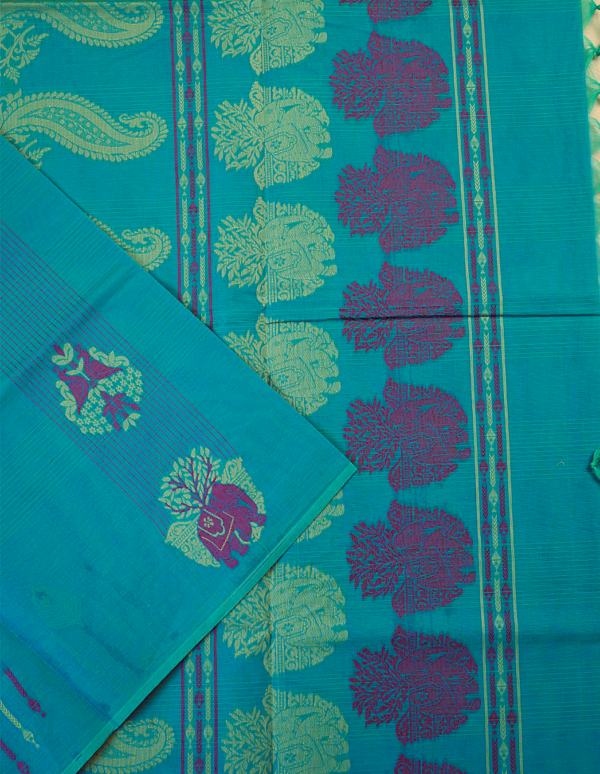 PURE COTTON SAREES - Peacock Blue with Multicolour Floral