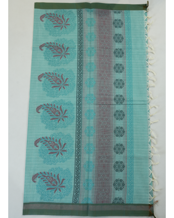 PURE COTTON SAREE - Sea Green with Dusty Mauve & Olive Green
