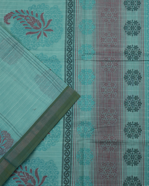 PURE COTTON SAREE - Sea Green with Dusty Mauve & Olive Green