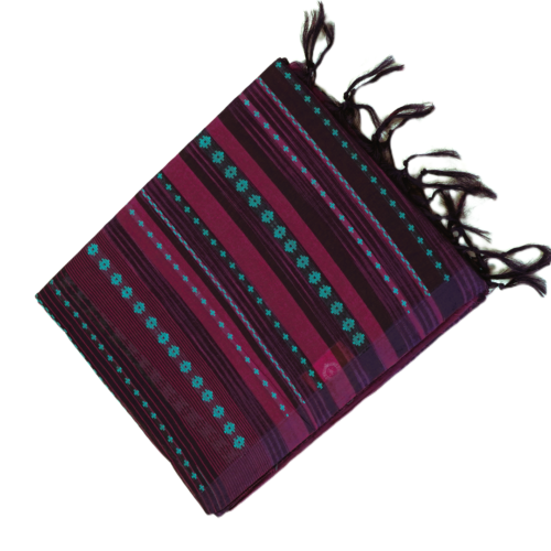 PURE COTTON SAREE - Wine Purple with Turquoise Blue & Magenta