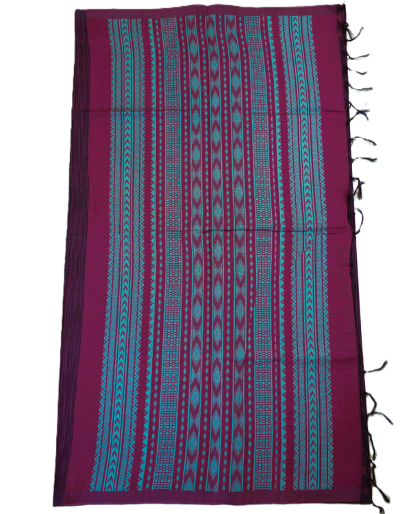 64 PURE COTTON SAREE - Wine Purple with Turquoise Blue & Magenta