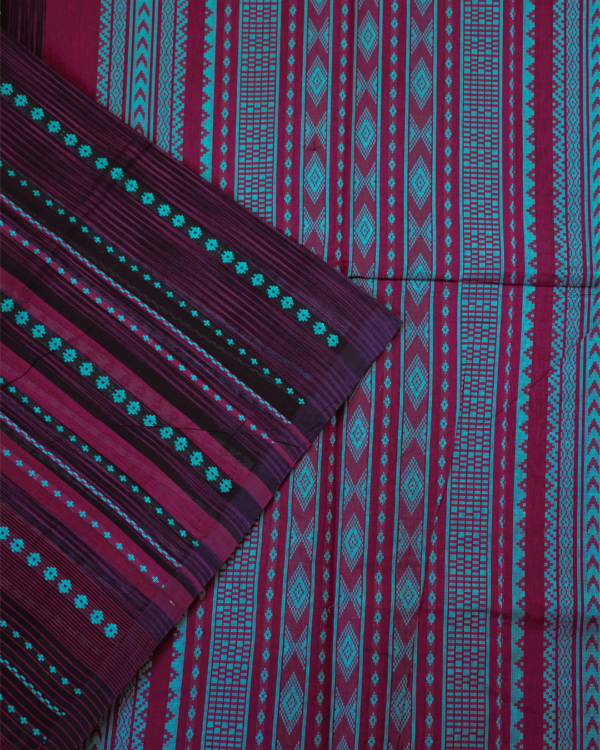 65 PURE COTTON SAREE - Wine Purple with Turquoise Blue & Magenta