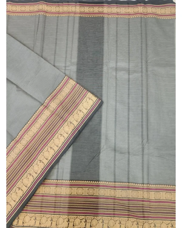 CHETTINAD COTTON SAREES  - Charcoal Grey with Black, Antique Gold & Magenta Pink