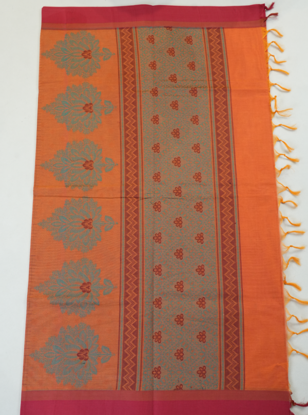 PURE COTTON SAREE - Burnt Orange with Rani Pink & Teal Green