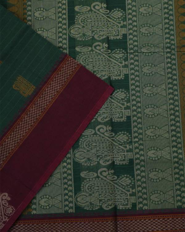 PURE COTTON SAREE - Deep Bottle Green with Wine Maroon