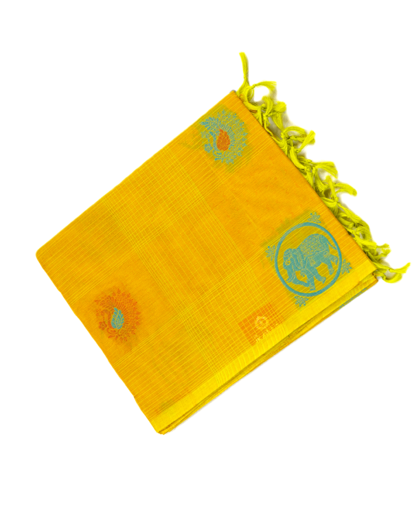 PURE COTTON SAREE - Bright Turmeric Yellow with Turquoise Blue & Orange