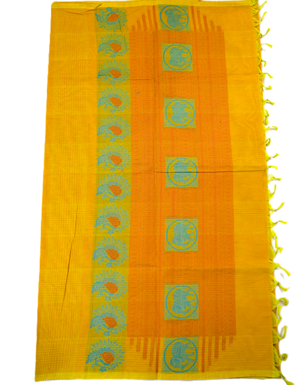 PURE COTTON SAREE - Bright Turmeric Yellow with Turquoise Blue & Orange