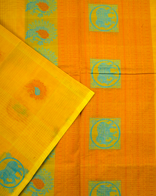 PURE COTTON SAREE - Bright Turmeric Yellow with Turquoise Blue & Orange
