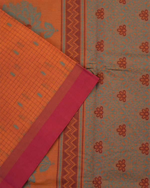 PURE COTTON SAREE - Burnt Orange with Rani Pink & Teal Green