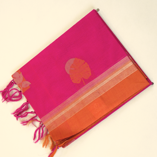 PURE COTTON SAREES - Magenta with Copper Orange Border