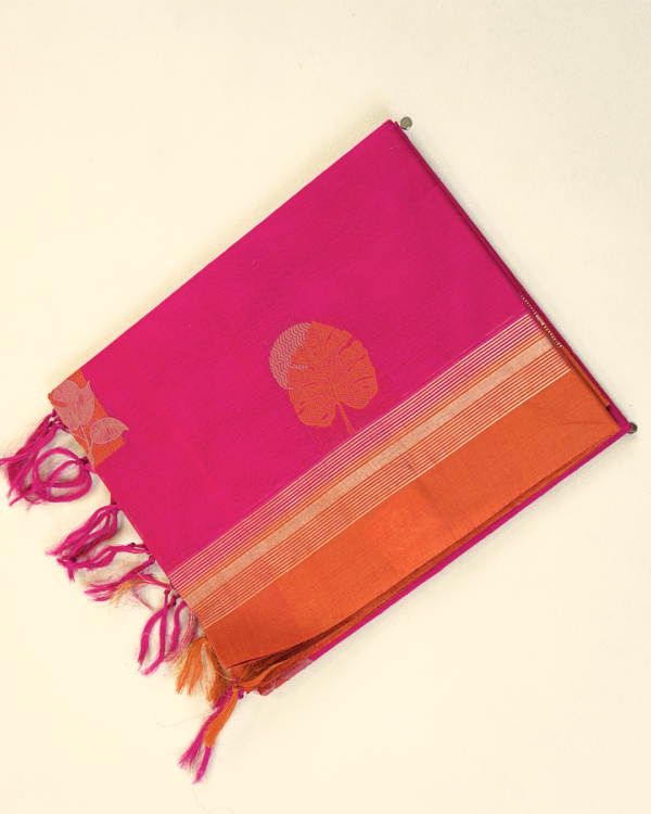 9 PURE COTTON SAREES - Magenta with Copper Orange Border