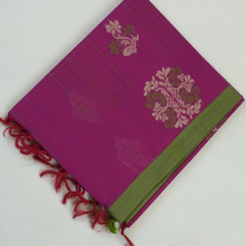 PURE COTTON SAREE - Magenta Pink with Olive Green Border