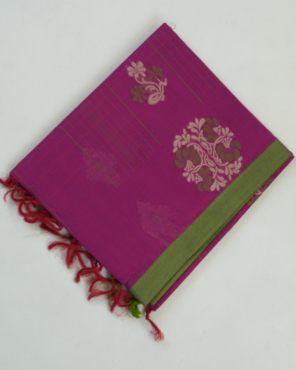 PURE COTTON SAREE - Magenta Pink with Olive Green Border