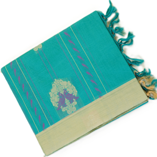 PURE COTTON SAREES - Aqua Teal with Cream & Purple