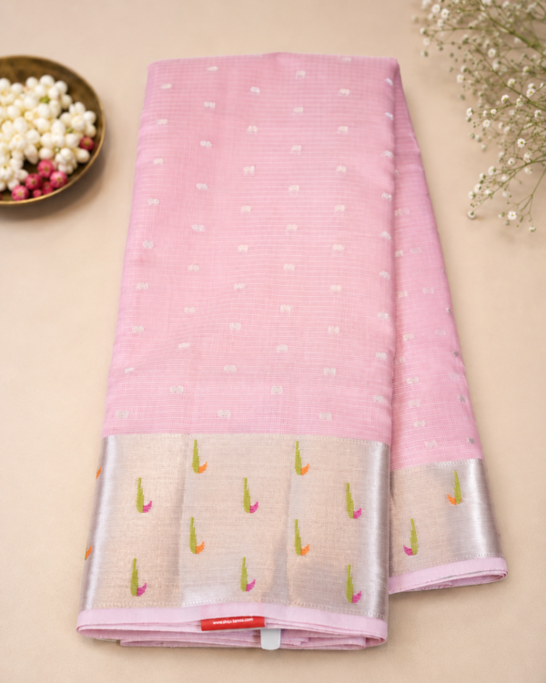 NETTED KOTA SAREES - Pink with Silver Zari Border