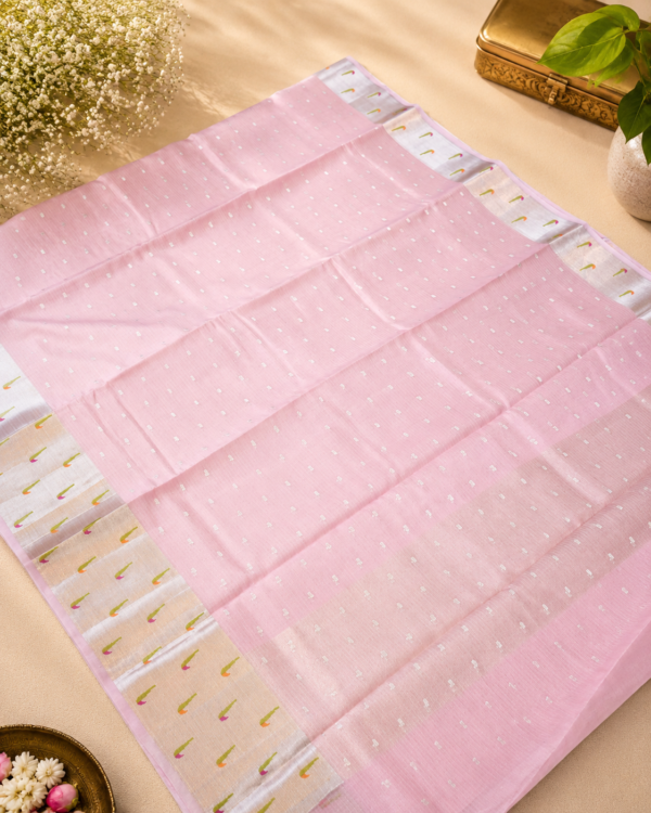 NETTED KOTA SAREES - Pink with Silver Zari Border