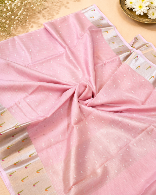 NETTED KOTA SAREES - Pink with Silver Zari Border