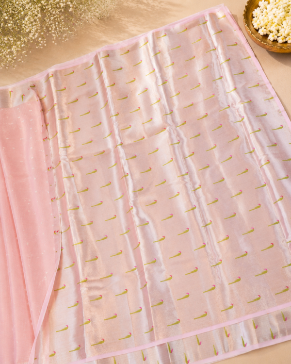 NETTED KOTA SAREES - Pink with Silver Zari Border