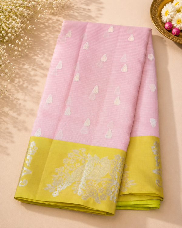 NETTED KOTA SAREES - Baby Pink with Lime Green