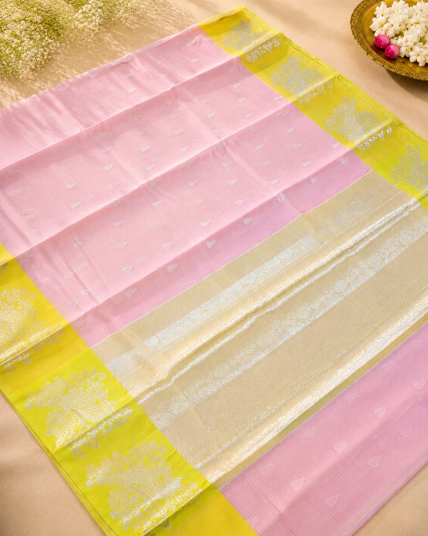 NETTED KOTA SAREES - Baby Pink with Lime Green
