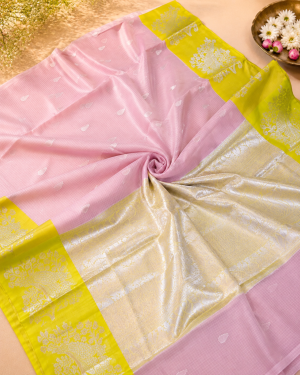 NETTED KOTA SAREES - Baby Pink with Lime Green