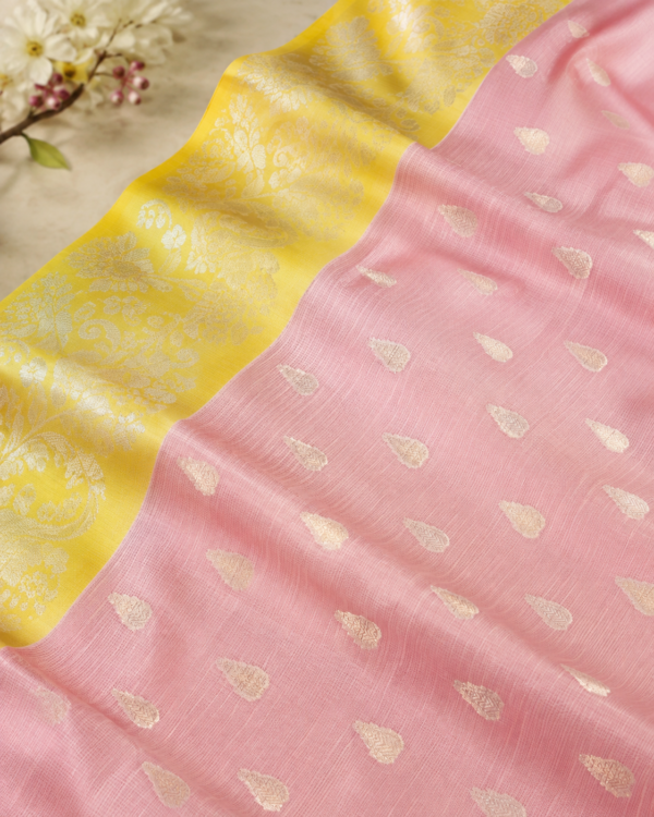 NETTED KOTA SAREES - Baby Pink with Lime Green