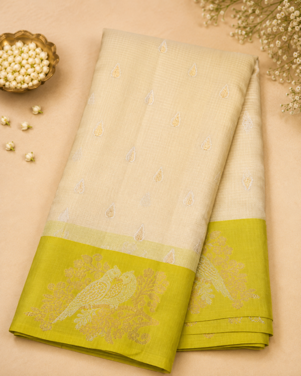 NETTED KOTA SAREES - Half white Lime Green Border