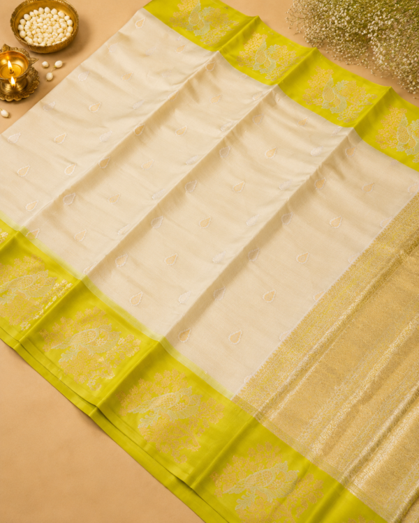 NETTED KOTA SAREES - Half white Lime Green Border