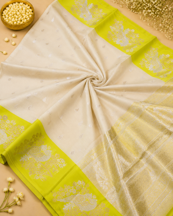 NETTED KOTA SAREES - Half white Lime Green Border