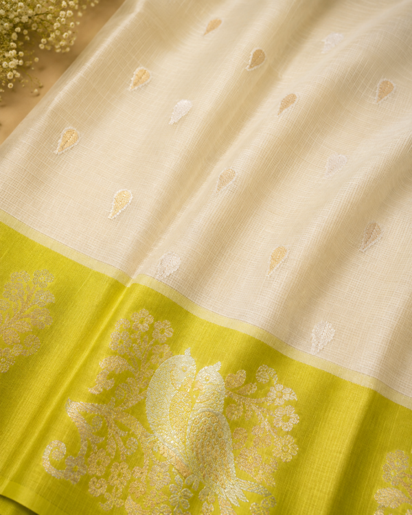 NETTED KOTA SAREES - Half white Lime Green Border
