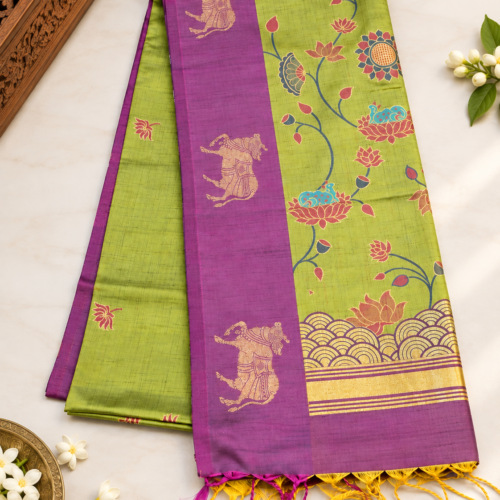 ChatGPT Image Sep 8, 2026, 02_56_12 PM Pichwai Semi Silk - Lime Green & Purple Pichwai Semi Silk Saree
