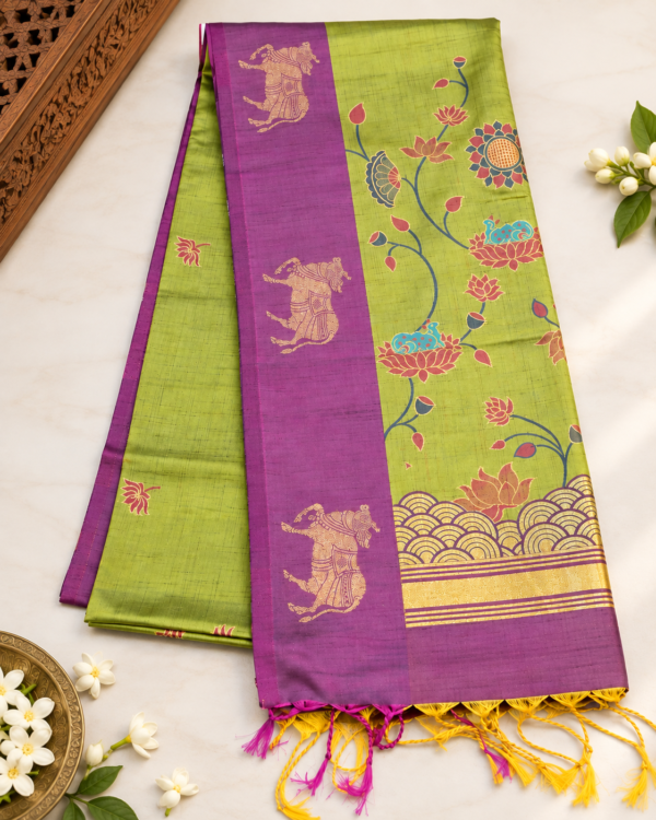 ChatGPT Image Sep 8, 2026, 02_56_12 PM Pichwai Semi Silk - Lime Green & Purple Pichwai Semi Silk Saree