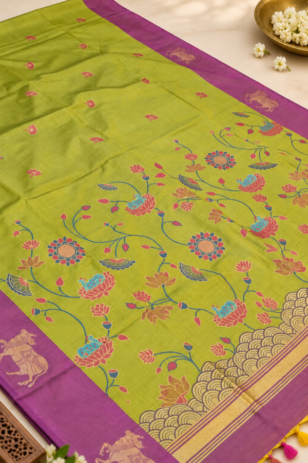 ChatGPT Image Sep 8, 2026, 02_58_25 PM Pichwai Semi Silk - Lime Green & Purple Pichwai Semi Silk Saree