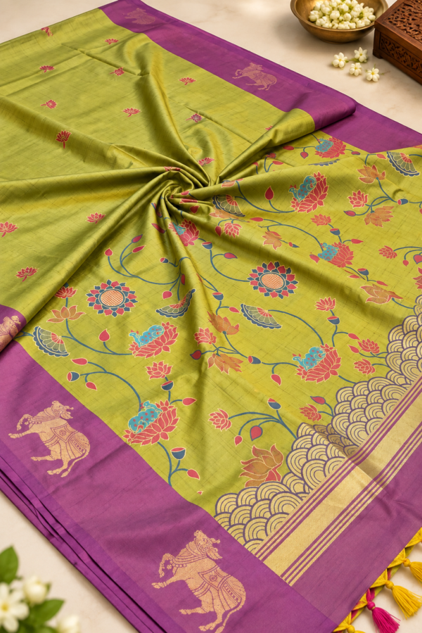 ChatGPT Image Sep 8, 2026, 03_00_17 PM Pichwai Semi Silk - Lime Green & Purple Pichwai Semi Silk Saree