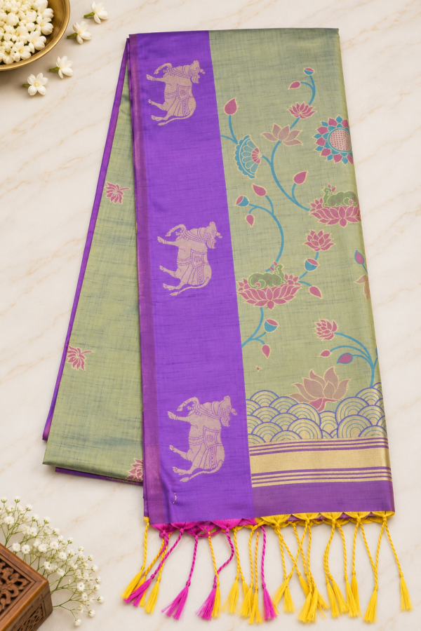 ChatGPT Image Sep 8, 2026, 05_31_27 PM Pichwai Semi Silk - Rama Green & Royal Purple