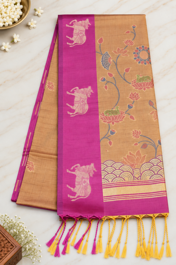 ChatGPT Image Sep 8, 2026, 05_37_33 PM Pichwai Semi Silk - Golden Brown & Magenta