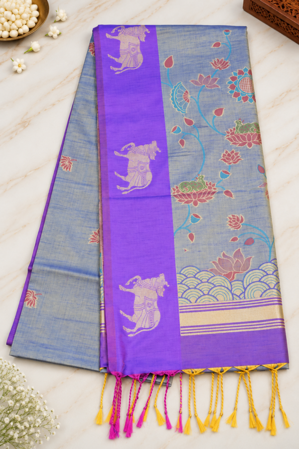 Pichwai Semi Silk - Bluish-Gray & Royal Purple