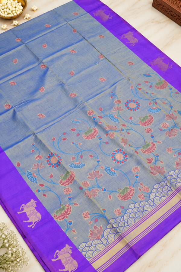 Pichwai Semi Silk - Bluish-Gray & Royal Purple
